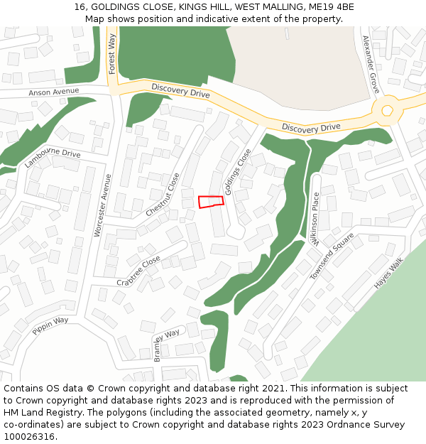 16, GOLDINGS CLOSE, KINGS HILL, WEST MALLING, ME19 4BE: Location map and indicative extent of plot