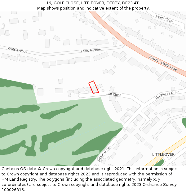 16, GOLF CLOSE, LITTLEOVER, DERBY, DE23 4TL: Location map and indicative extent of plot