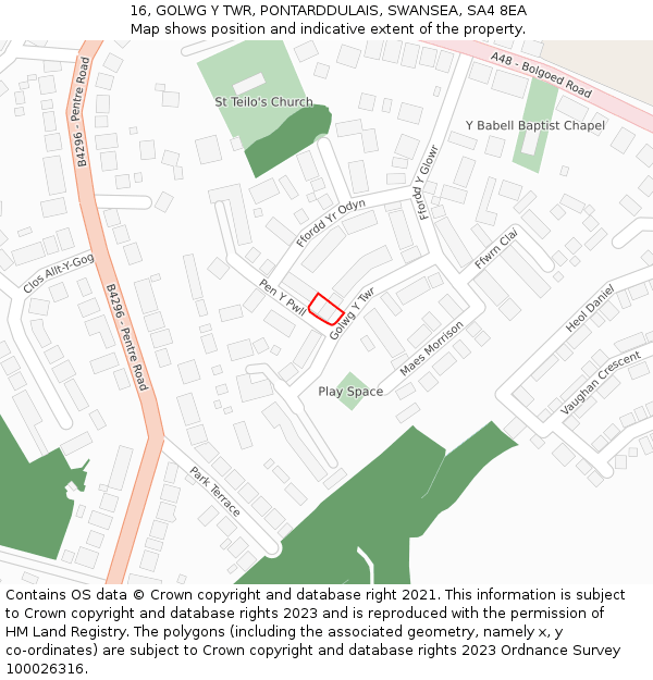 16, GOLWG Y TWR, PONTARDDULAIS, SWANSEA, SA4 8EA: Location map and indicative extent of plot