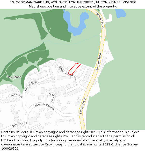 16, GOODMAN GARDENS, WOUGHTON ON THE GREEN, MILTON KEYNES, MK6 3EP: Location map and indicative extent of plot