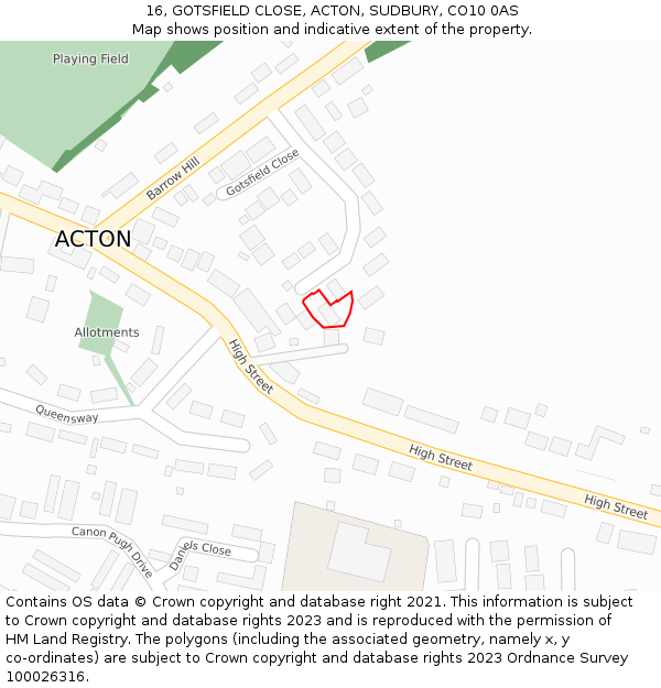 16, GOTSFIELD CLOSE, ACTON, SUDBURY, CO10 0AS: Location map and indicative extent of plot