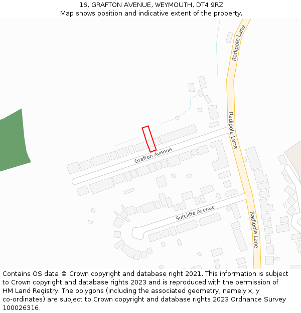 16, GRAFTON AVENUE, WEYMOUTH, DT4 9RZ: Location map and indicative extent of plot