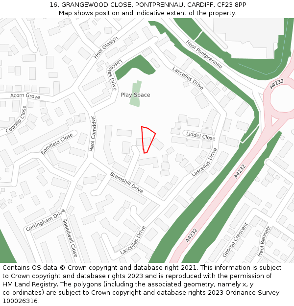 16, GRANGEWOOD CLOSE, PONTPRENNAU, CARDIFF, CF23 8PP: Location map and indicative extent of plot