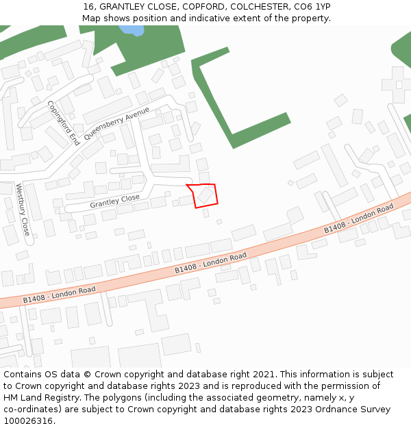 16, GRANTLEY CLOSE, COPFORD, COLCHESTER, CO6 1YP: Location map and indicative extent of plot