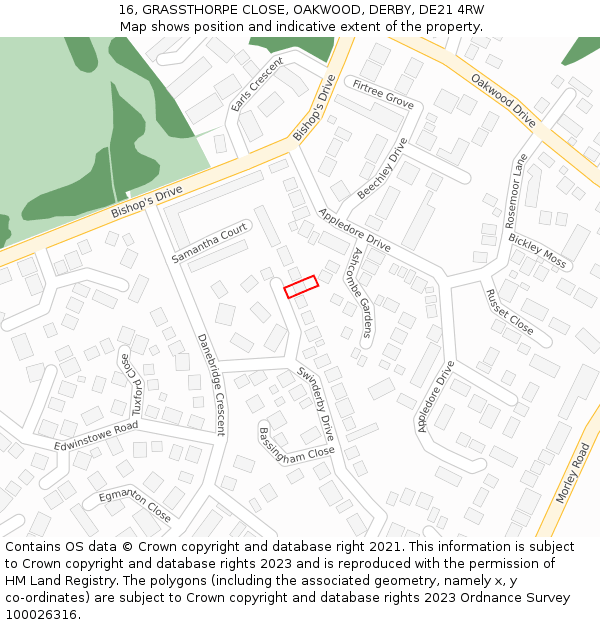 16, GRASSTHORPE CLOSE, OAKWOOD, DERBY, DE21 4RW: Location map and indicative extent of plot
