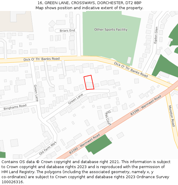 16, GREEN LANE, CROSSWAYS, DORCHESTER, DT2 8BP: Location map and indicative extent of plot