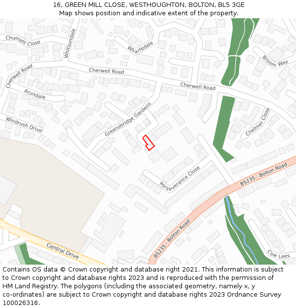 16, GREEN MILL CLOSE, WESTHOUGHTON, BOLTON, BL5 3GE: Location map and indicative extent of plot