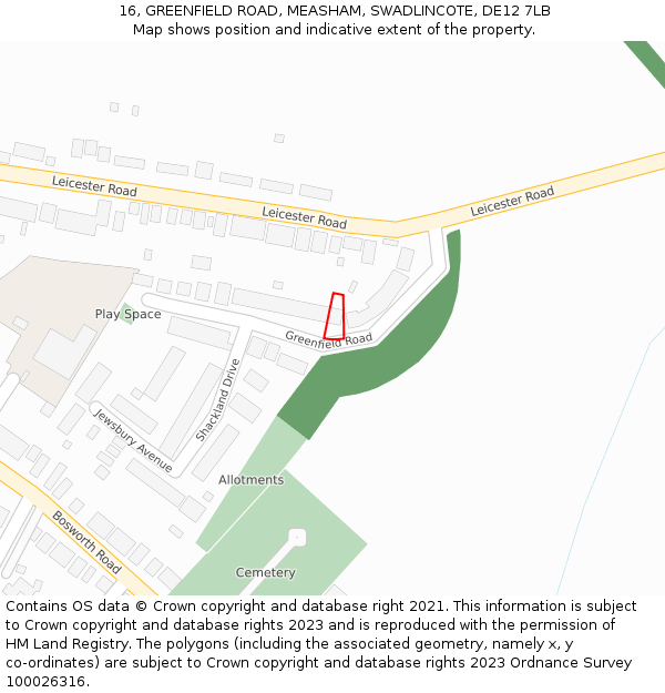 16, GREENFIELD ROAD, MEASHAM, SWADLINCOTE, DE12 7LB: Location map and indicative extent of plot