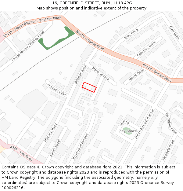 16, GREENFIELD STREET, RHYL, LL18 4PG: Location map and indicative extent of plot