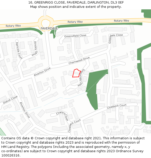 16, GREENRIGG CLOSE, FAVERDALE, DARLINGTON, DL3 0EF: Location map and indicative extent of plot