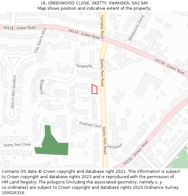 16, GREENWOOD CLOSE, SKETTY, SWANSEA, SA2 9AY: Location map and indicative extent of plot