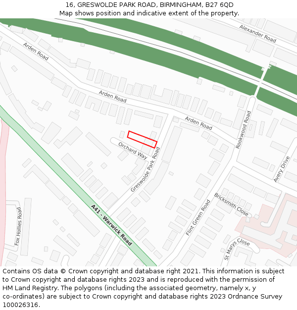 16, GRESWOLDE PARK ROAD, BIRMINGHAM, B27 6QD: Location map and indicative extent of plot