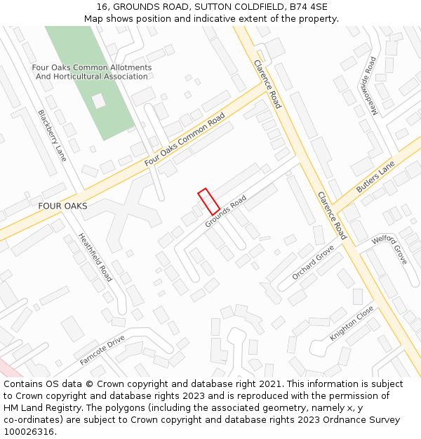 16, GROUNDS ROAD, SUTTON COLDFIELD, B74 4SE: Location map and indicative extent of plot