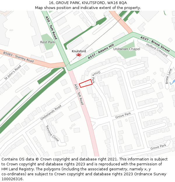 16, GROVE PARK, KNUTSFORD, WA16 8QA: Location map and indicative extent of plot