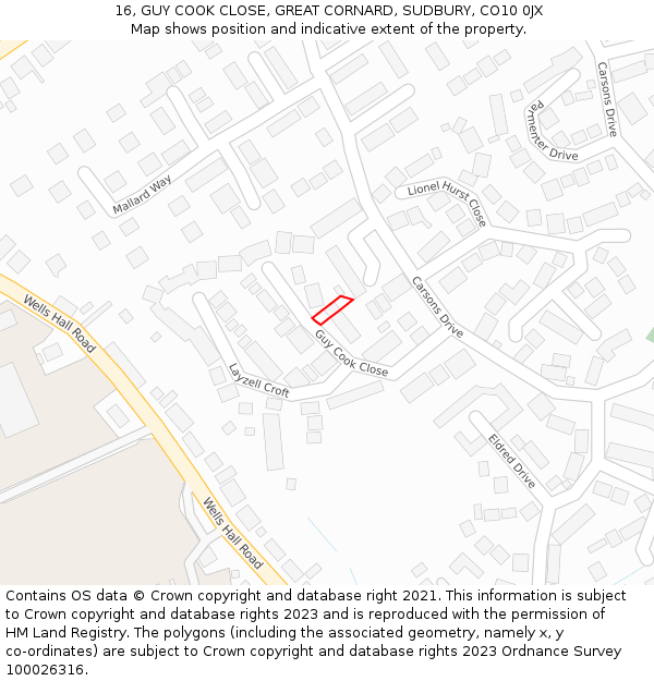 16, GUY COOK CLOSE, GREAT CORNARD, SUDBURY, CO10 0JX: Location map and indicative extent of plot