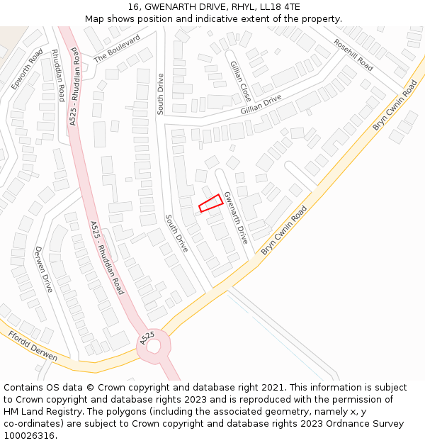 16, GWENARTH DRIVE, RHYL, LL18 4TE: Location map and indicative extent of plot