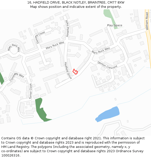 16, HADFIELD DRIVE, BLACK NOTLEY, BRAINTREE, CM77 8XW: Location map and indicative extent of plot