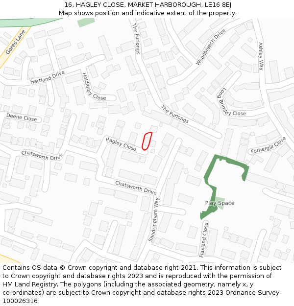 16, HAGLEY CLOSE, MARKET HARBOROUGH, LE16 8EJ: Location map and indicative extent of plot