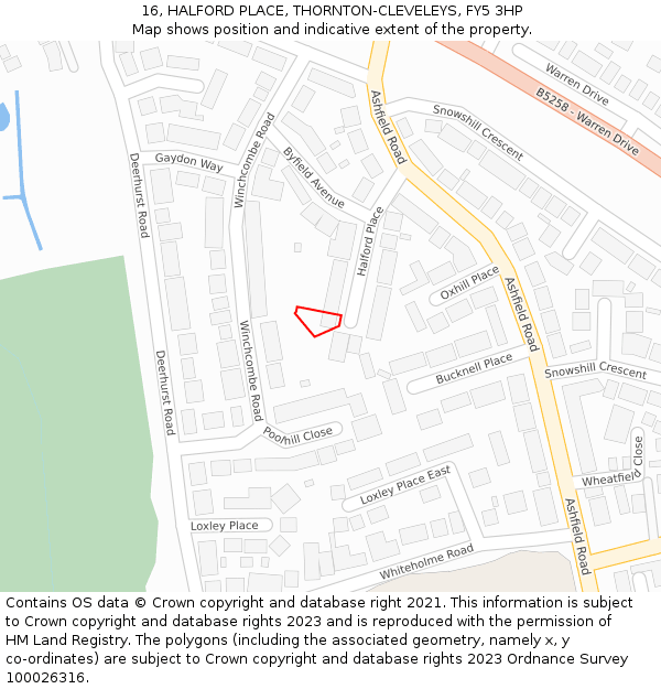 16, HALFORD PLACE, THORNTON-CLEVELEYS, FY5 3HP: Location map and indicative extent of plot