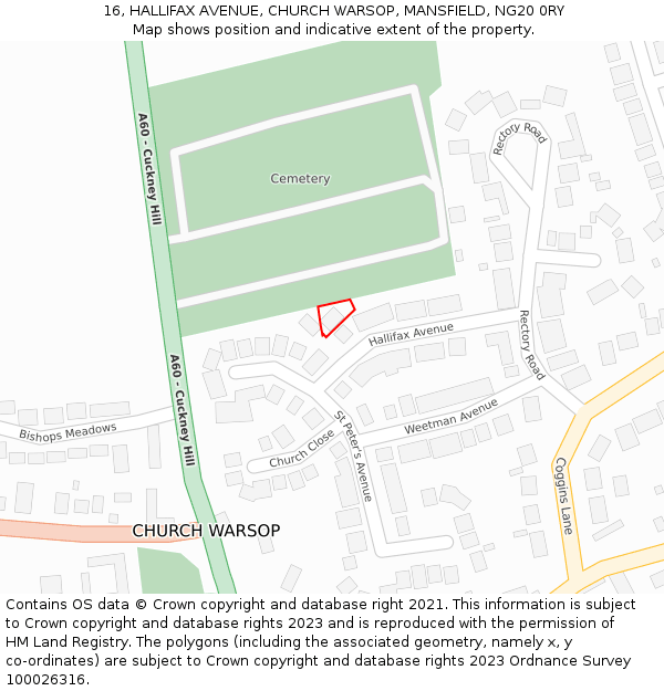 16, HALLIFAX AVENUE, CHURCH WARSOP, MANSFIELD, NG20 0RY: Location map and indicative extent of plot