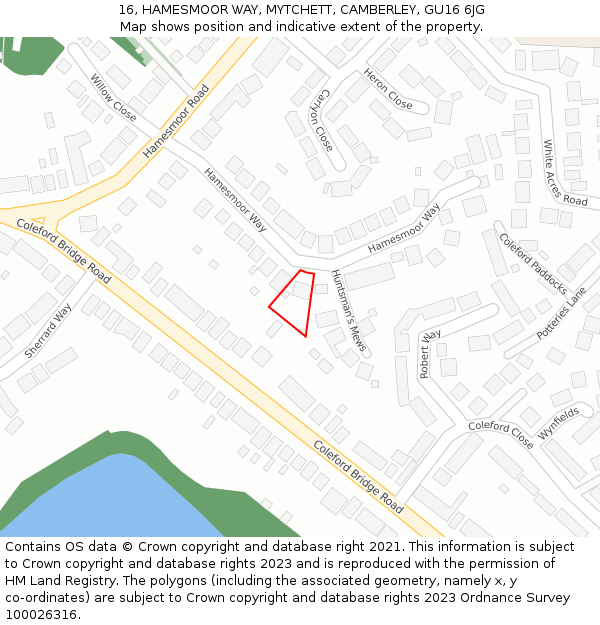 16, HAMESMOOR WAY, MYTCHETT, CAMBERLEY, GU16 6JG: Location map and indicative extent of plot