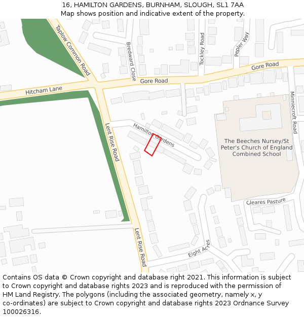 16, HAMILTON GARDENS, BURNHAM, SLOUGH, SL1 7AA: Location map and indicative extent of plot