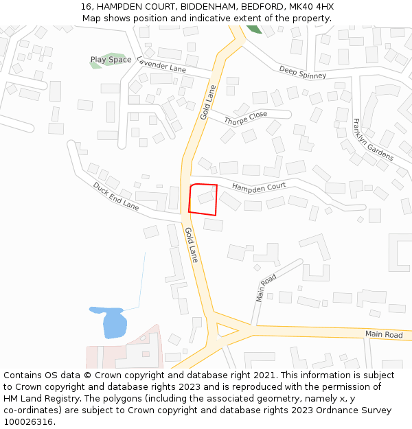 16, HAMPDEN COURT, BIDDENHAM, BEDFORD, MK40 4HX: Location map and indicative extent of plot