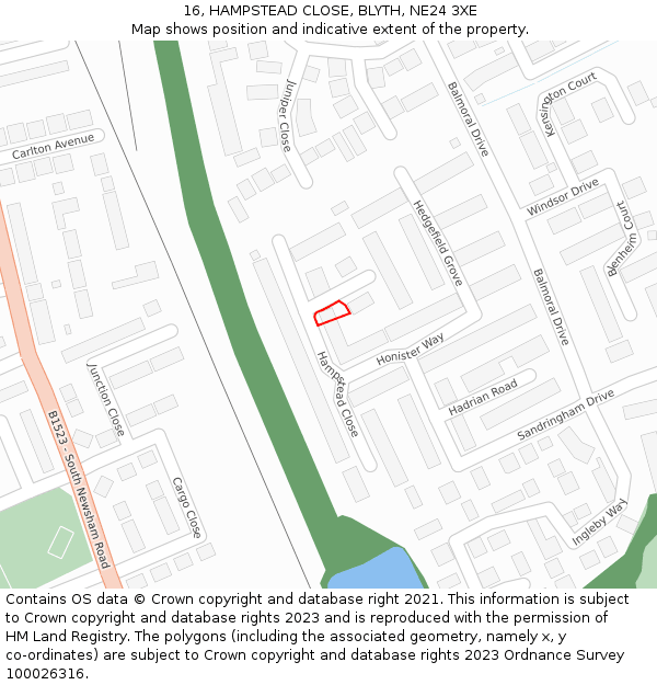 16, HAMPSTEAD CLOSE, BLYTH, NE24 3XE: Location map and indicative extent of plot