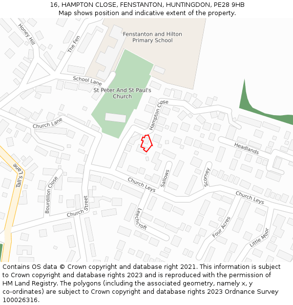 16, HAMPTON CLOSE, FENSTANTON, HUNTINGDON, PE28 9HB: Location map and indicative extent of plot