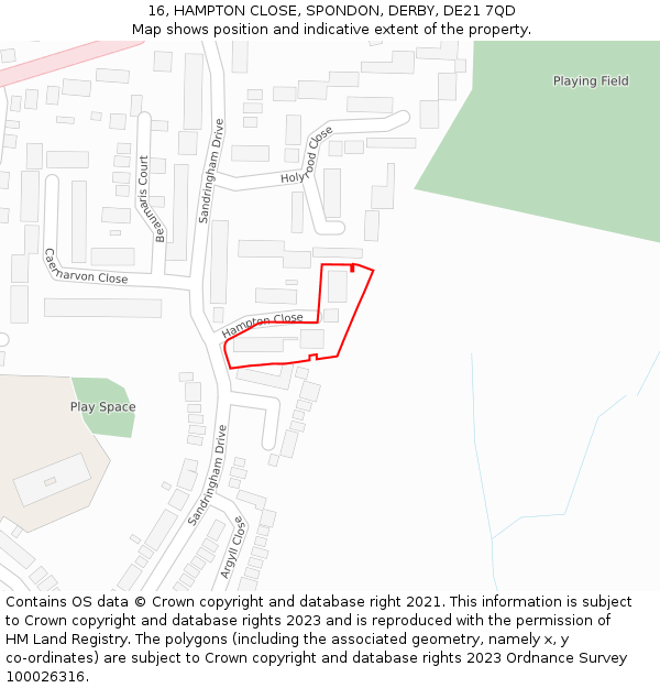 16, HAMPTON CLOSE, SPONDON, DERBY, DE21 7QD: Location map and indicative extent of plot