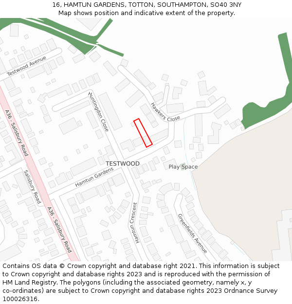 16, HAMTUN GARDENS, TOTTON, SOUTHAMPTON, SO40 3NY: Location map and indicative extent of plot