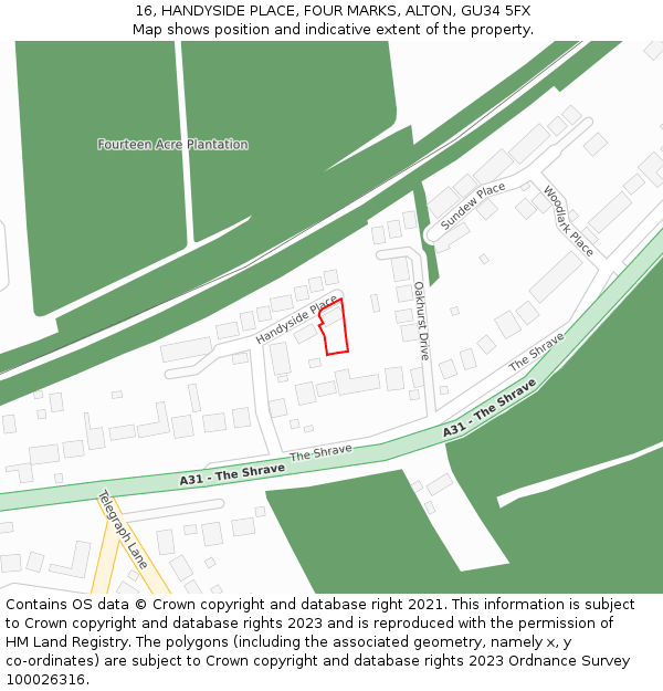 16, HANDYSIDE PLACE, FOUR MARKS, ALTON, GU34 5FX: Location map and indicative extent of plot