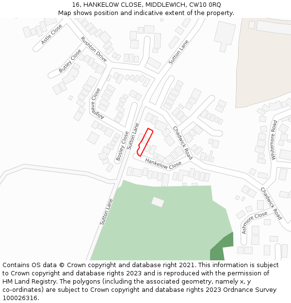 16, HANKELOW CLOSE, MIDDLEWICH, CW10 0RQ: Location map and indicative extent of plot