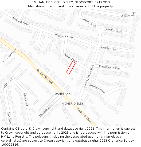 16, HANLEY CLOSE, DISLEY, STOCKPORT, SK12 2DG: Location map and indicative extent of plot