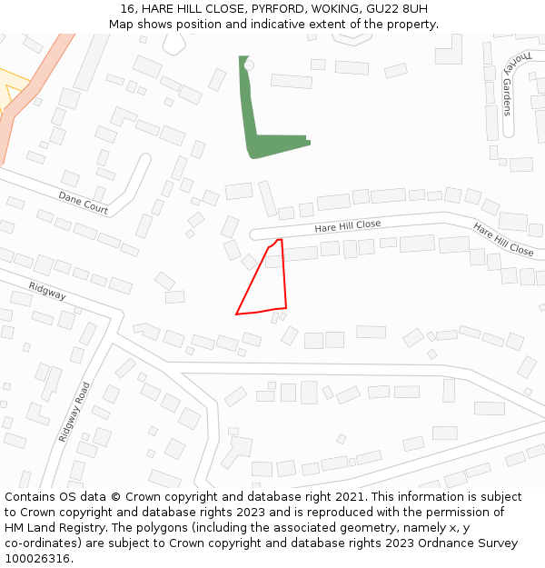 16, HARE HILL CLOSE, PYRFORD, WOKING, GU22 8UH: Location map and indicative extent of plot