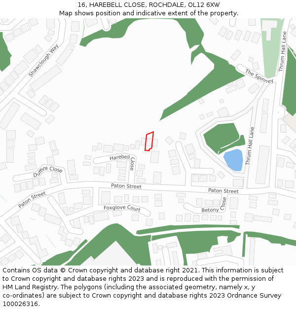 16, HAREBELL CLOSE, ROCHDALE, OL12 6XW: Location map and indicative extent of plot