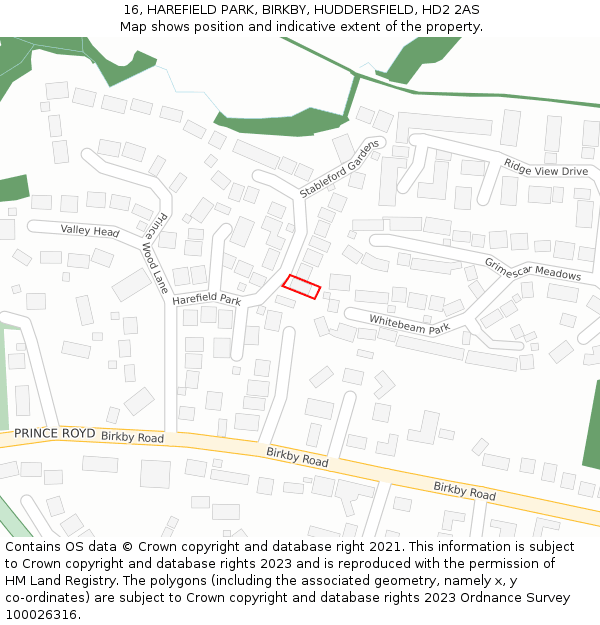 16, HAREFIELD PARK, BIRKBY, HUDDERSFIELD, HD2 2AS: Location map and indicative extent of plot