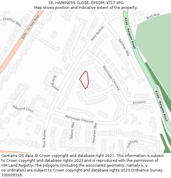 16, HARKNESS CLOSE, EPSOM, KT17 3PG: Location map and indicative extent of plot