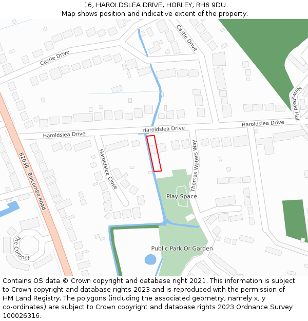 16, HAROLDSLEA DRIVE, HORLEY, RH6 9DU: Location map and indicative extent of plot