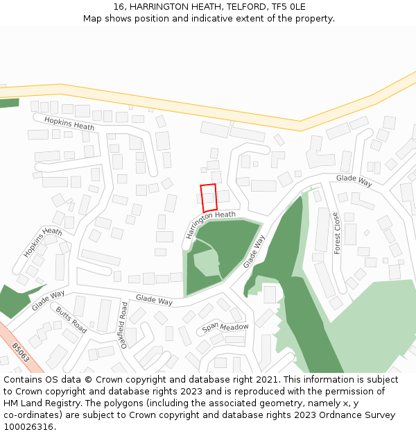 16, HARRINGTON HEATH, TELFORD, TF5 0LE: Location map and indicative extent of plot