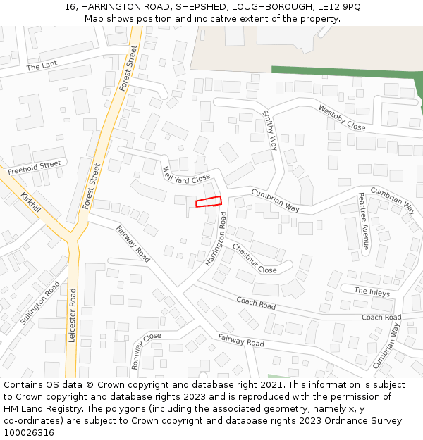 16, HARRINGTON ROAD, SHEPSHED, LOUGHBOROUGH, LE12 9PQ: Location map and indicative extent of plot