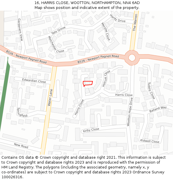 16, HARRIS CLOSE, WOOTTON, NORTHAMPTON, NN4 6AD: Location map and indicative extent of plot