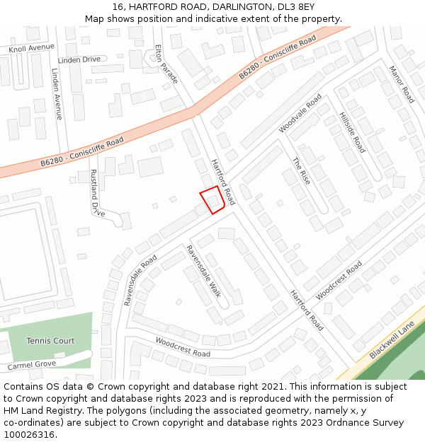 16, HARTFORD ROAD, DARLINGTON, DL3 8EY: Location map and indicative extent of plot