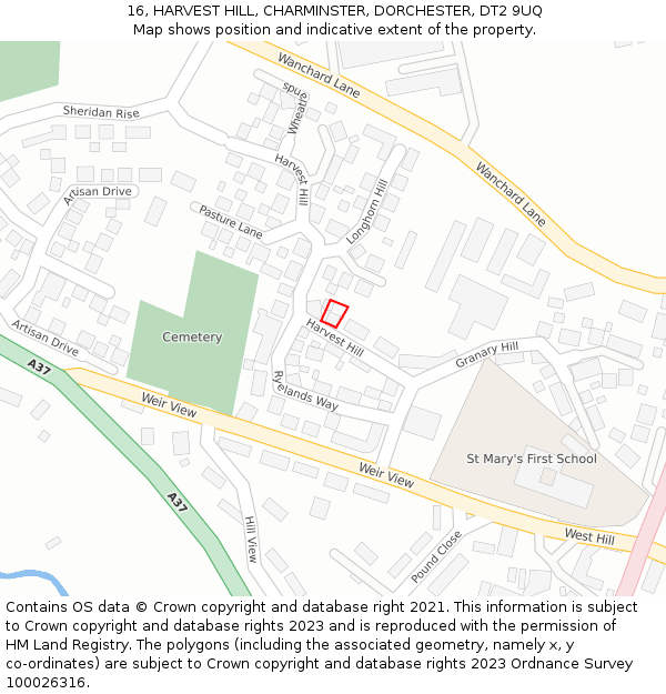 16, HARVEST HILL, CHARMINSTER, DORCHESTER, DT2 9UQ: Location map and indicative extent of plot