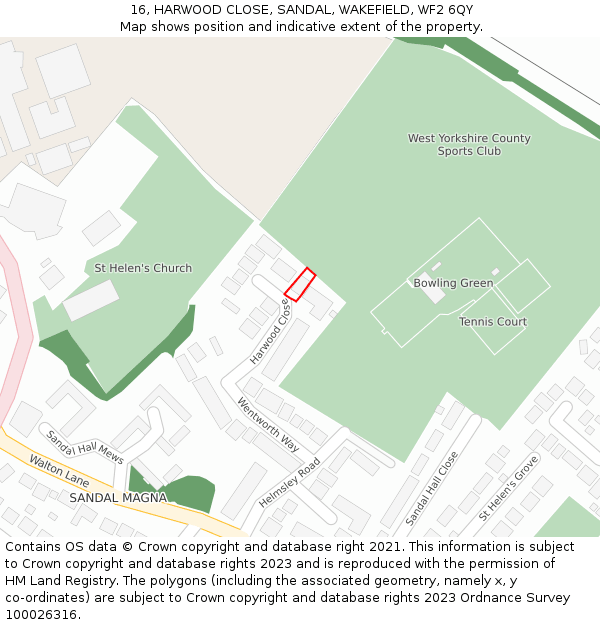 16, HARWOOD CLOSE, SANDAL, WAKEFIELD, WF2 6QY: Location map and indicative extent of plot