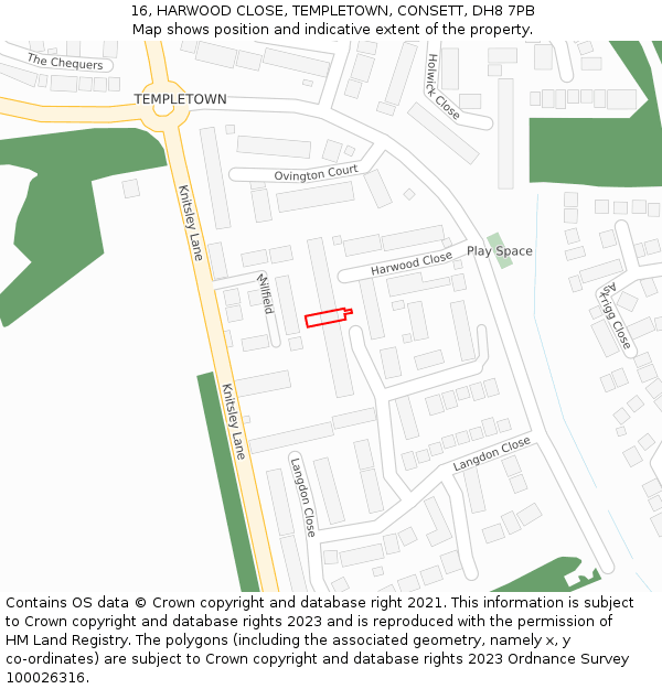 16, HARWOOD CLOSE, TEMPLETOWN, CONSETT, DH8 7PB: Location map and indicative extent of plot