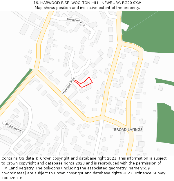 16, HARWOOD RISE, WOOLTON HILL, NEWBURY, RG20 9XW: Location map and indicative extent of plot