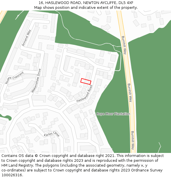 16, HASLEWOOD ROAD, NEWTON AYCLIFFE, DL5 4XF: Location map and indicative extent of plot