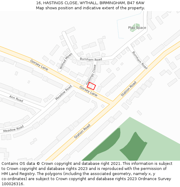 16, HASTINGS CLOSE, WYTHALL, BIRMINGHAM, B47 6AW: Location map and indicative extent of plot