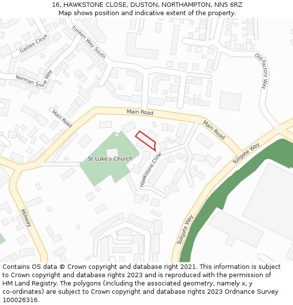 16, HAWKSTONE CLOSE, DUSTON, NORTHAMPTON, NN5 6RZ: Location map and indicative extent of plot